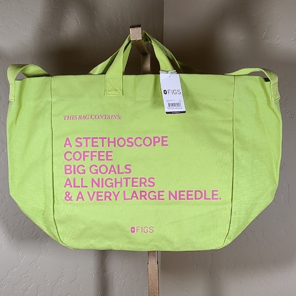Figs Limited Edition Matcha A Very Large Needle Canvas Tote with Pink Lettering